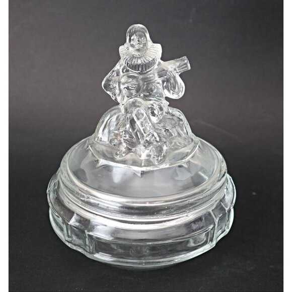 Vintage L E SMITH "MINSTREL" Clear Glass Powder Jar Covered Trinket Box - Picture 2 of 5